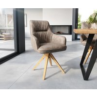 Esszimmerstuhl Zelia-Flex mit Armlehnen Mikrofaser Taupe Vintage Holzgestell kantig Natur 360 drehbar Taschenfederkern