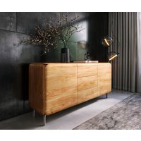Sideboard Shavani 175 cm Akazie Natur 2 Türen 3 Schubladen L-Fuß Edelstahl Silber