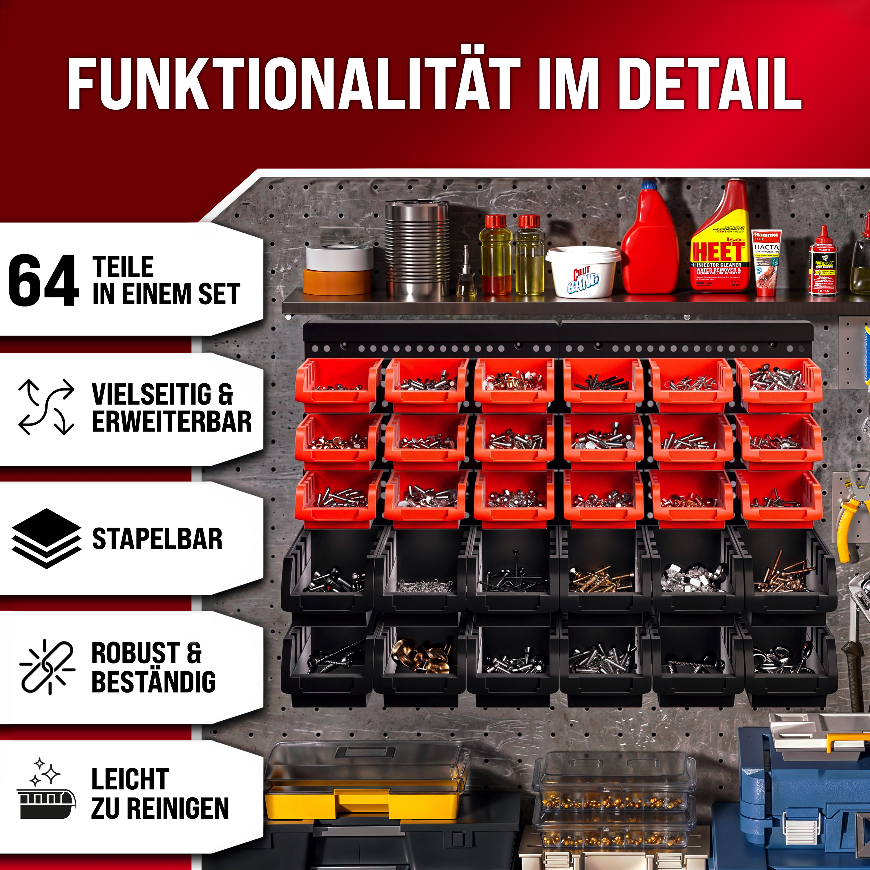 monzana Werkzeugwand 2er-Set Schwarz/Rot mit je 30 Stapelboxen – Bild 3