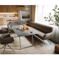 Esszimmerbank Taya-Flex 285x190 cm Mikrofaser Taupe Vintage Kreuzgestell kantig Effektfinish Titan Taschenfederkern Links