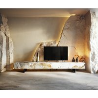 Lowboard Cuor 250 cm Keramik Minas Melange Weiß-Beige 1 Klappe 1 Schubfach Fuß Schwebeoptik Metall Schwarz
