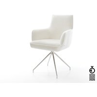 Esszimmerstuhl Heira-Flex mit Armlehnen Bouclé Soft Beige Kreuzgestell konisch Edelstahl Taschenfederkern