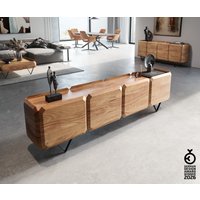 Lowboard Kiano 220 cm Akazie Natur 4 Türen V-Fuß Schwarz Raumteiler