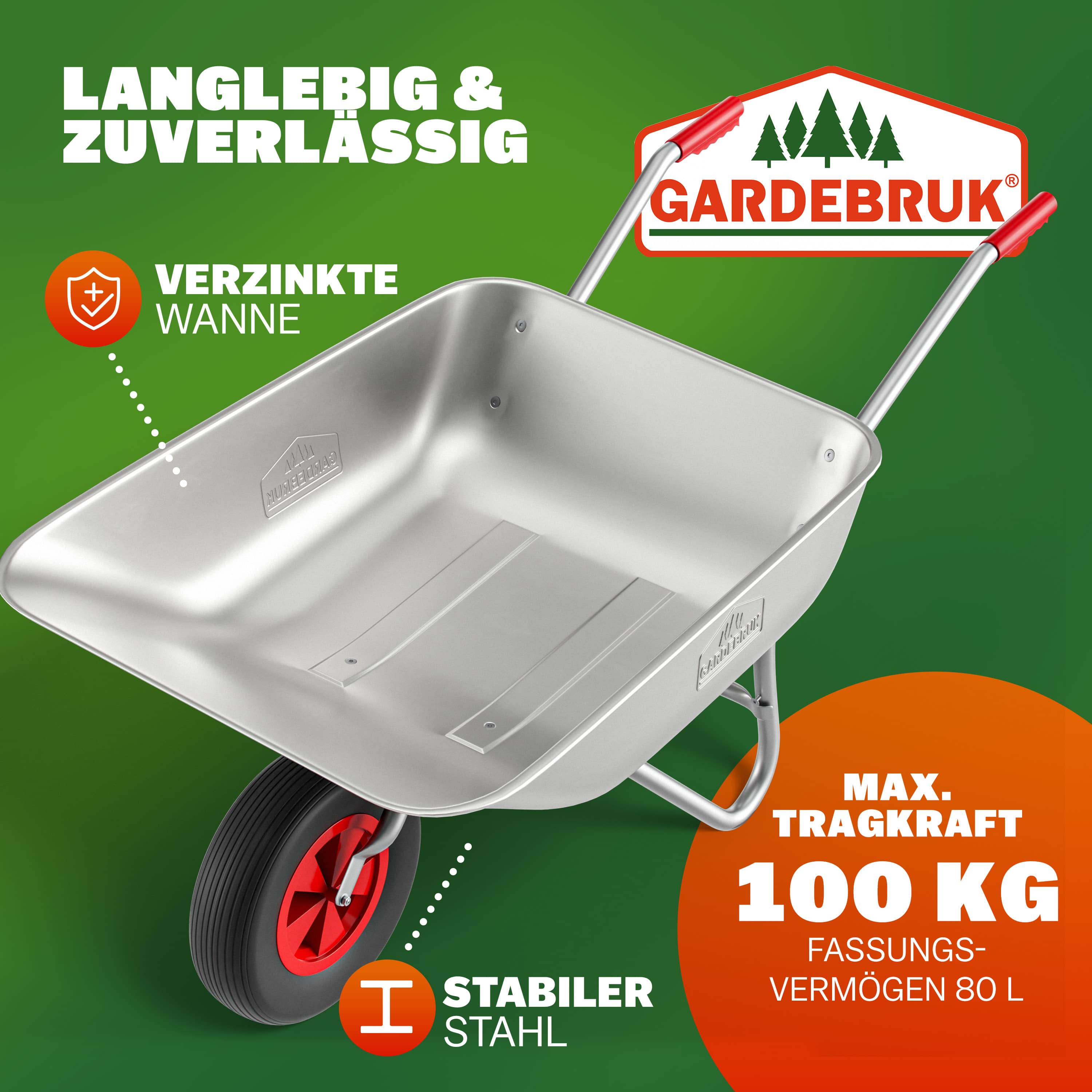 Gardebruk Schubkarre verzinkt 100kg Tragkraft 80L Luftreifen Ø32cm – Bild 3