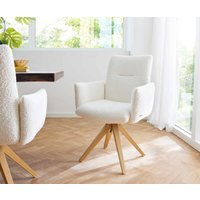 Drehstuhl Jova-Flex mit Armlehnen Bouclé Weiß Holzgestell kantig Natur 360 drehbar Taschenfederkern – Bild 2