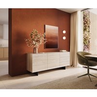 Sideboard Cuor 180 cm Keramik Laminam Travertino Bianco Creme-Weiß 2 Türen 3 Schubfächer Fuß Schwebeoptik Metall Schwarz