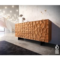 Sideboard Solu 175 cm Akazie Natur 2 Türen 3 Schübe Fuß schwebend Metall Schwarz 3D-Front