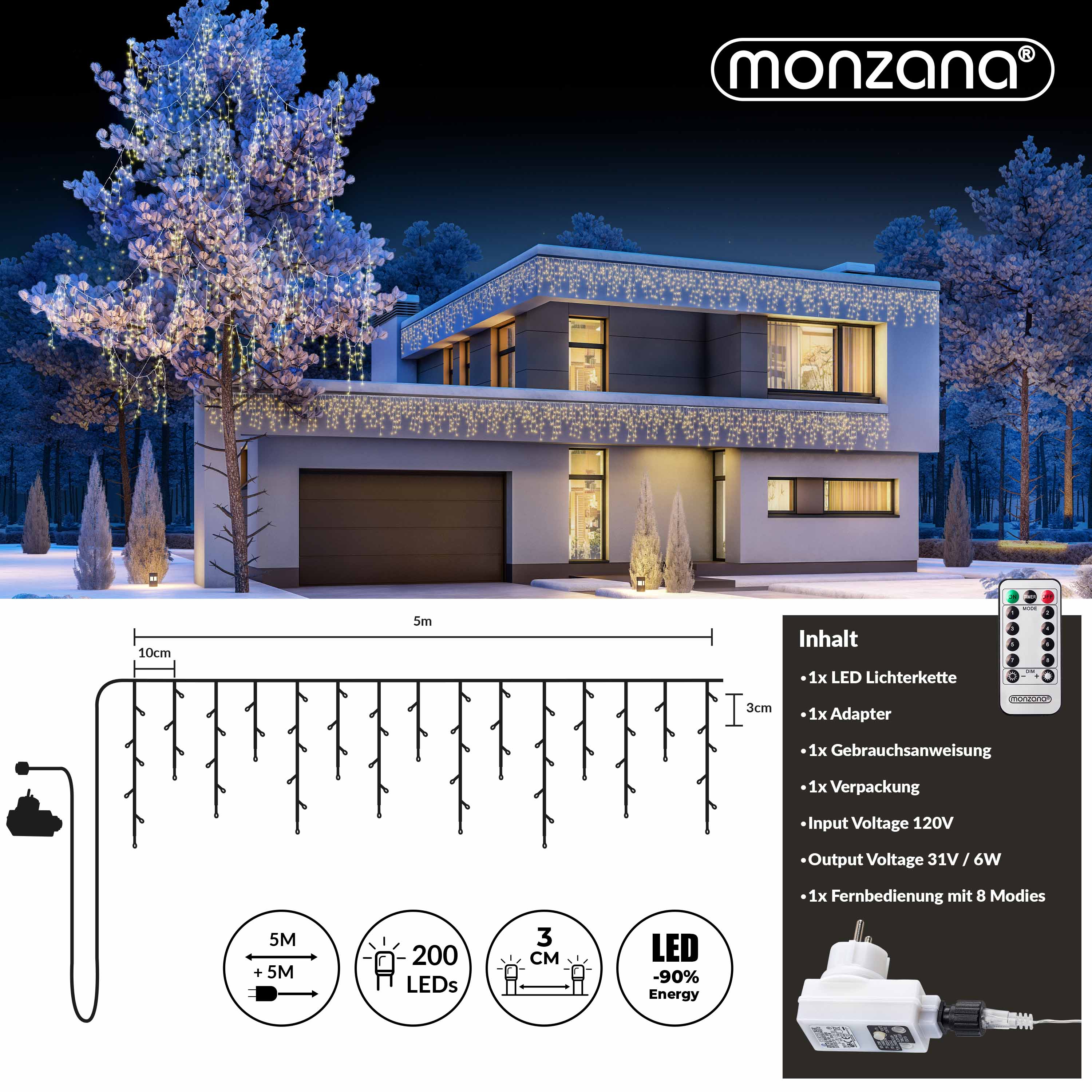 monzana Regenlichterkette LED Warmweiß 10m Fernbedienung – Bild 2