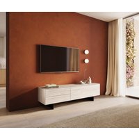 Lowboard Cuor 180 cm Keramik Laminam Travertino Bianco Creme-Weiß 1 Klappe 2 Schubfächer Fuß Schwebeoptik Metall Schwarz