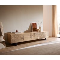 Lowboard Ashara 220 cm Eiche Natur 3D Effekt 4 Türen Kufe Metall Schwarz