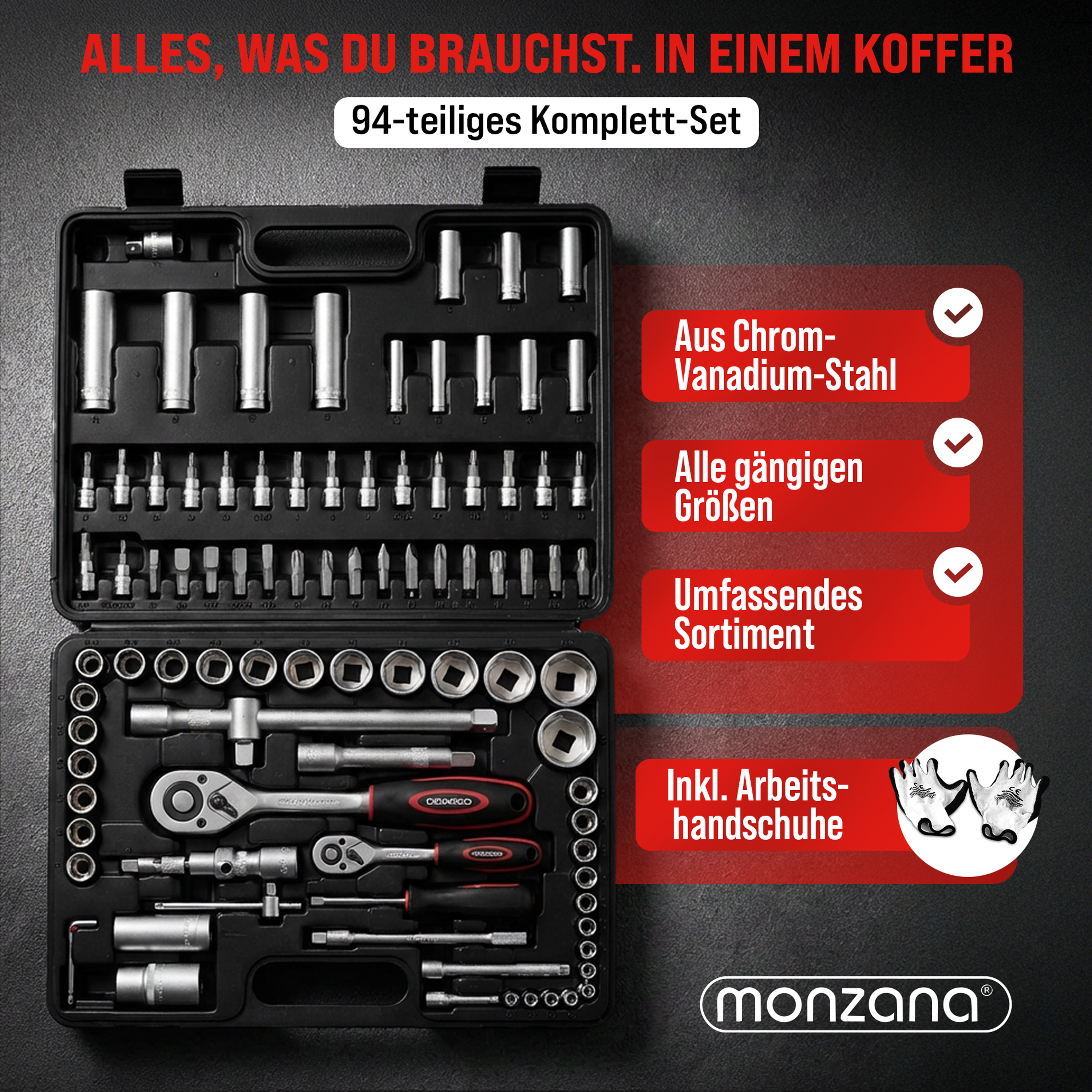monzana Werkzeugset 94-tlg aus Chrom-Vanadium-Stahl Handschuhe – Bild 3