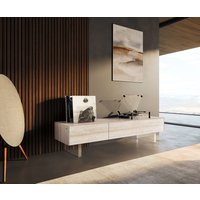 Lowboard Cuor 150 cm Keramik Laminam Travertino Bianco Creme-Weiß 1 Klappe 1 Schubfach Fuß Schwebeoptik Acrylglas