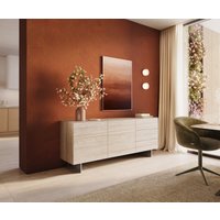 Sideboard Cuor 180 cm Keramik Laminam Travertino Bianco Creme-Weiß 2 Türen 3 Schubfächer Fuß Schwebeoptik Edelstahl