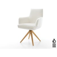 Drehstuhl Heira-Flex mit Armlehnen Bouclé Soft Beige Holzgestell kantig Natur 360 drehbar Taschenfederkern