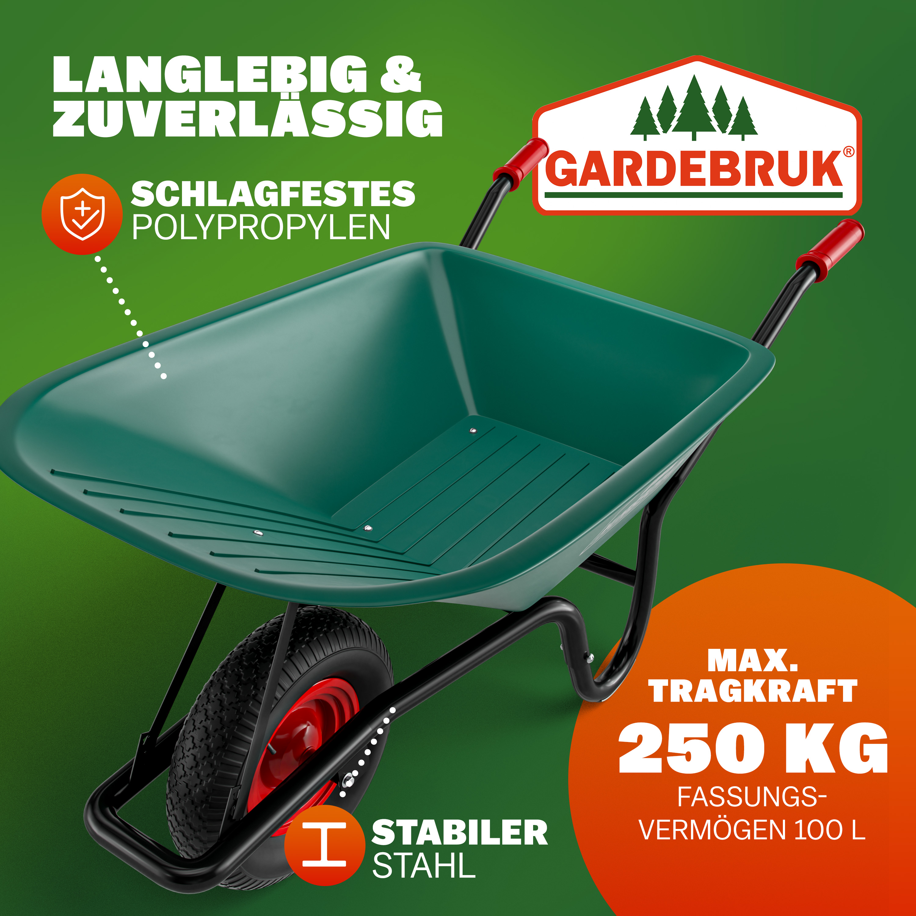 Gardebruk Schubkarre mit Kunststoffwanne 100L Luftbereifung Ø 40cm 250kg Tragkraft – Bild 3