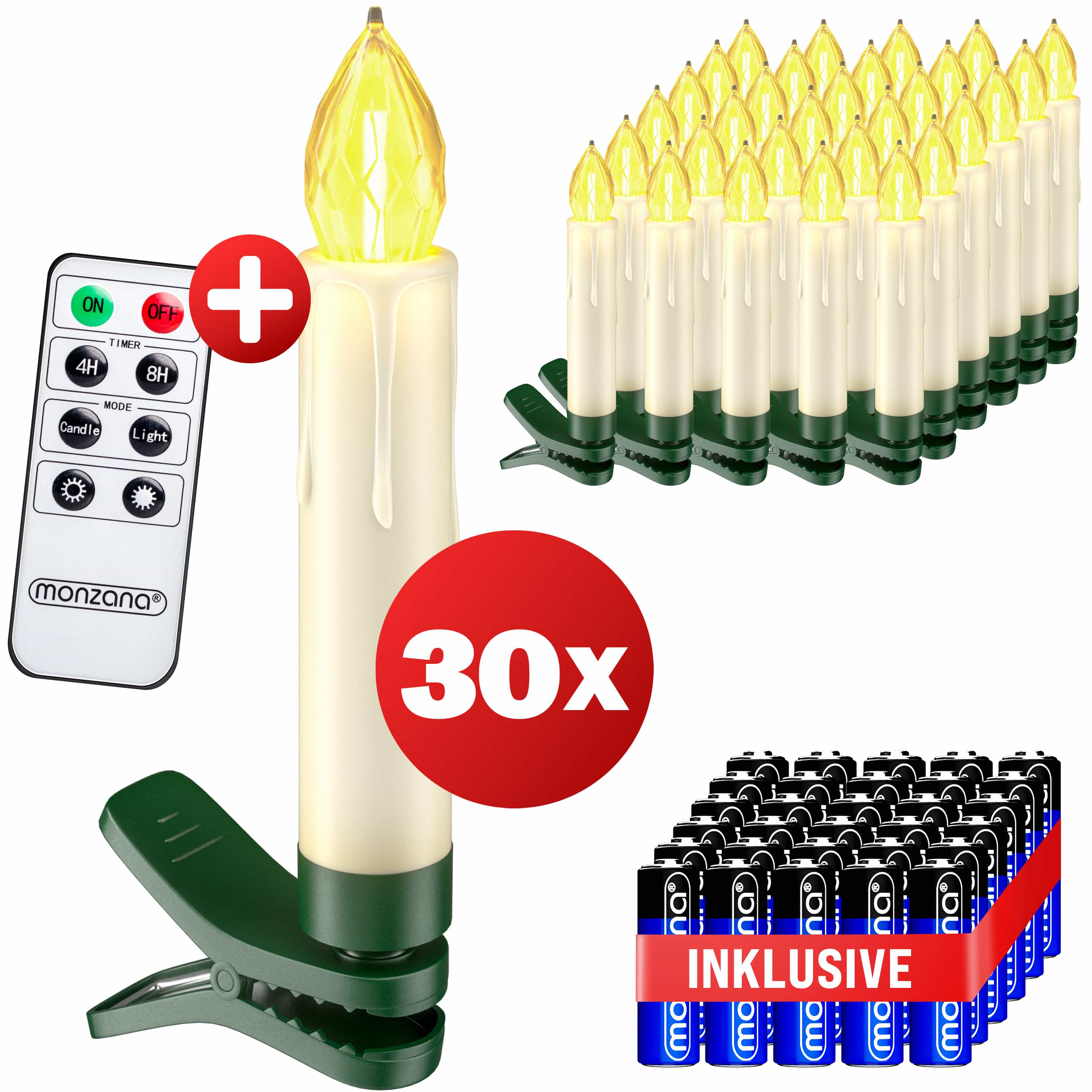 monzana Kabellose Weihnachtsbaumkerzen LED 30er-Set Warmweiß mit Batterien & Fernbedienung – Bild 2