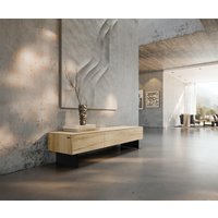 Lowboard Cuor 150 cm Keramik Laminam Sabbia Eichefarbig 1 Klappe 1 Schubfach Fuß Schwebeoptik Metall Schwarz