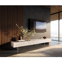 Lowboard Cuor 250 cm Keramik Laminam Travertino Bianco Creme-Weiß 1 Klappe 1 Schubfach Fuß Schwebeoptik Edelstahl