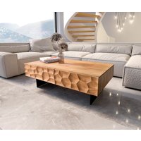 Couchtisch Solu 120x70 cm Akazie Natur 4 Schübe Fuß schwebend Metall Schwarz 3D-Front – Bild 2