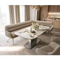 Esszimmerbank Taya-Flex 285x190 cm Bouclé Schlamm Kreuzgestell kantig Edelstahl Taschenfederkern Rechts