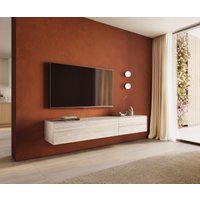 Lowboard Cuor 220 cm Keramik Laminam Travertino Bianco Creme-Weiß 1 Klappe 2 Schubfächer Schwebend – Bild 2
