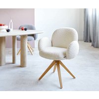 Drehstuhl Nube-Flex mit Armlehnen Bouclé Weiß Holzgestell kantig Natur 360 drehbar Taschenfederkern