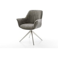 Drehstuhl Keila-Flex mit Armlehnen Bouclé Soft Schlamm Kreuzgestell breit Edelstahl 360 drehbar Wippfunktion