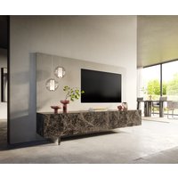 Lowboard Cuor 220 cm Keramik Emperador Extra Lucidato Dunkelbraun 1 Klappe 2 Schubfächer Fuß Schwebeoptik Acrylglas – Bild 2