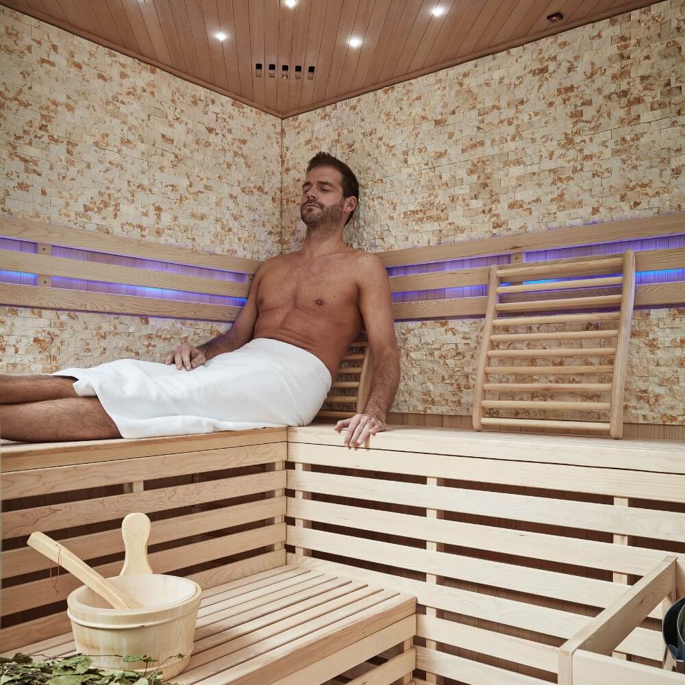 Traditionelle Sauna mit Kunststeinwand SKYLINE BIG XL - 200 x 200 cm für 6 Personen – Bild 5