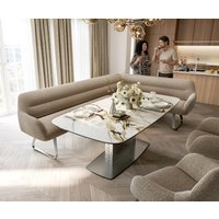 Esszimmerbank Taya-Flex 285x190 cm Bouclé Schlamm Kufengestell flach Edelstahl Taschenfederkern Rechts