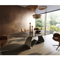 Esstisch Edge Oval 315x150 cm Keramik Emperador Extra Lucidato Dunkelbraun W-Gestell Metall Effektfinish Titan