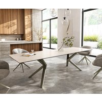 Esstisch Edge 300x100 Keramik Laminam Travertino Bianco Creme-Weiß Zenthara kantig Metall Effektfinish Titan