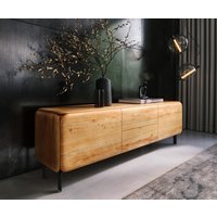 Lowboard Shavani 175 cm Akazie Natur 2 Türen 2 Schubladen L-Fuß Metall Schwarz