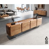 Lowboard Kiano 220 cm Akazie Natur 4 Türen V-Fuß Edelstahl Raumteiler