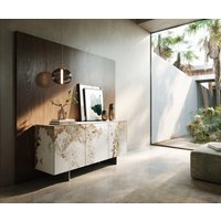 Sideboard Cuor 150 cm Keramik Minas Melange Weiß-Beige 3 Türen Fuß Schwebeoptik Edelstahl