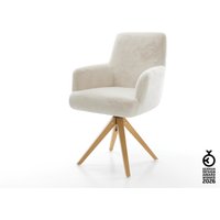 Drehstuhl Heira-Flex mit Armlehnen Plüsch Creme-Weiß Holzgestell kantig Natur 360 drehbar Taschenfederkern