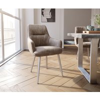 Esszimmerstuhl Zelia-Flex mit Armlehnen Mikrofaser Taupe Vintage 4-Fuß konisch Edelstahl Taschenfederkern – Bild 2