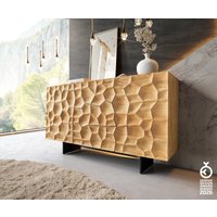 Sideboard Solu 145 cm Eiche Natur 2 Türen 3 Schübe Fuß schwebend Metall Schwarz 3D-Front – Bild 2