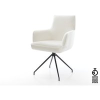 Esszimmerstuhl Heira-Flex mit Armlehnen Bouclé Soft Beige Kreuzgestell konisch Schwarz Taschenfederkern