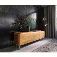 Lowboard Shavani 175 cm Akazie Natur 2 Türen 2 Schubladen Rundfuß Edelstahl Silber