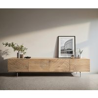 Lowboard Ashara 220 cm Eiche Natur 3D Effekt 4 Türen Winkelfuß Edelstahl gebürstet