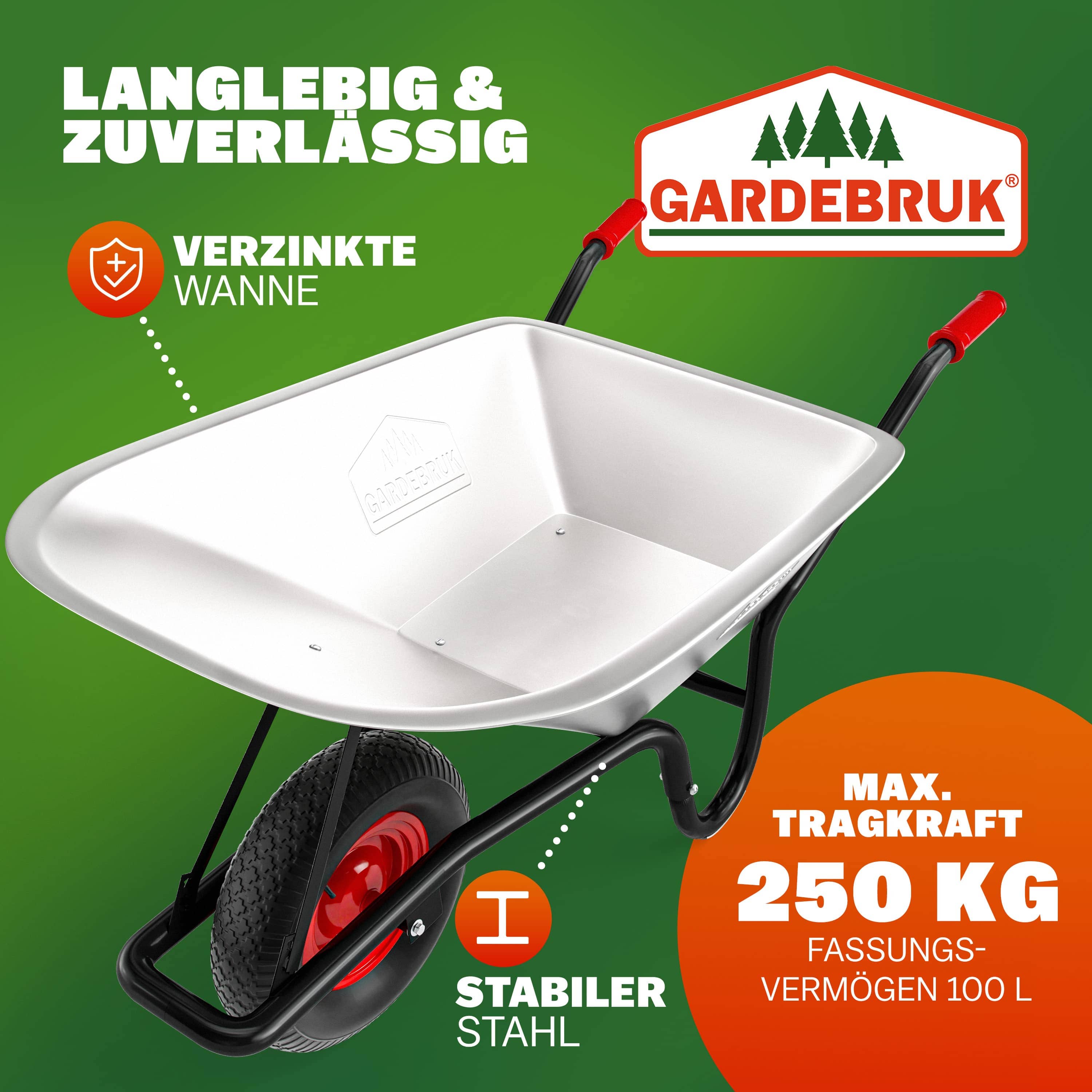 Gardebruk Schubkarre verzinkt 250kg Tragkraft 100L Luftreifen Ø39cm – Bild 3
