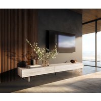 Lowboard Cuor 250 cm Keramik Laminam Travertino Bianco Creme-Weiß 1 Klappe 1 Schubfach Fuß Schwebeoptik Acrylglas – Bild 2