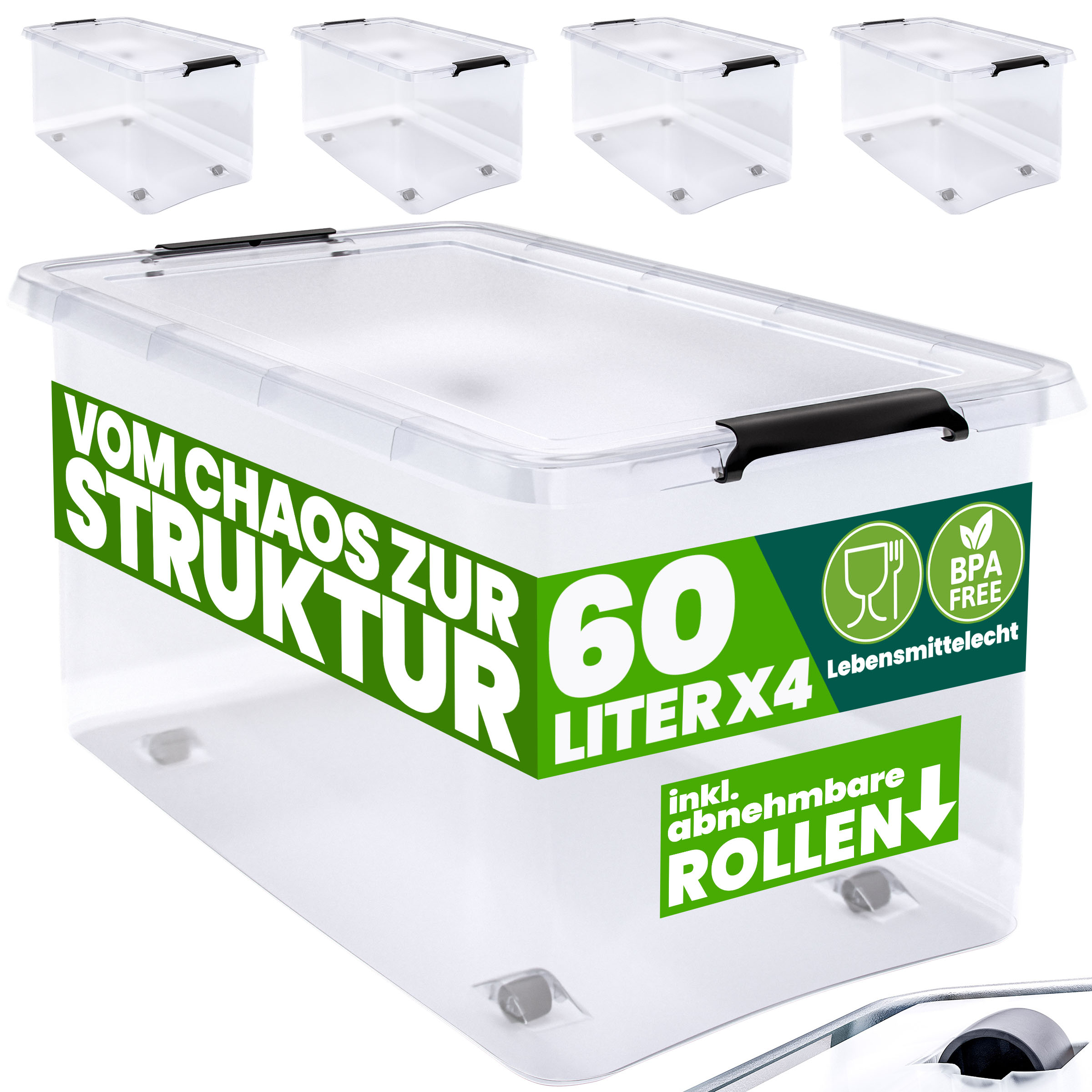 Deuba Aufbewahrungsbox 4er-Set Transparent 60x40x35cm 60L stapelbar – Bild 2