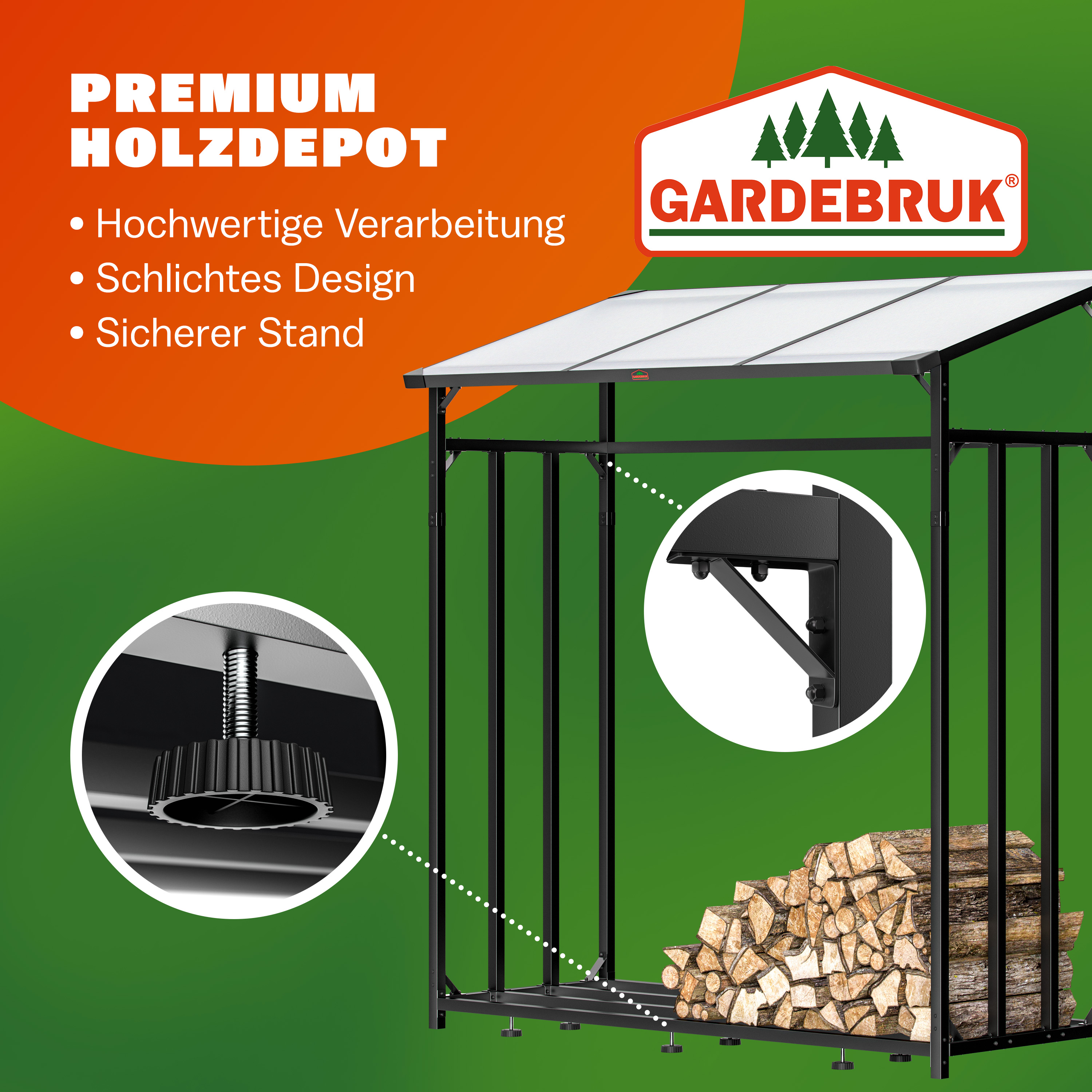 Gardebruk Kaminholzregal 198x163x70cm Schutzdach aufrollbare Plane – Bild 3