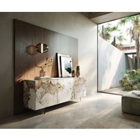 Sideboard Cuor 180 cm Keramik Minas Melange Weiß-Beige 2 Türen 3 Schubfächer Fuß Schwebeoptik Acrylglas