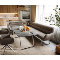 Esszimmerbank Taya-Flex 285x190 cm Mikrofaser Taupe Vintage Kufengestell flach Edelstahl Taschenfederkern Links