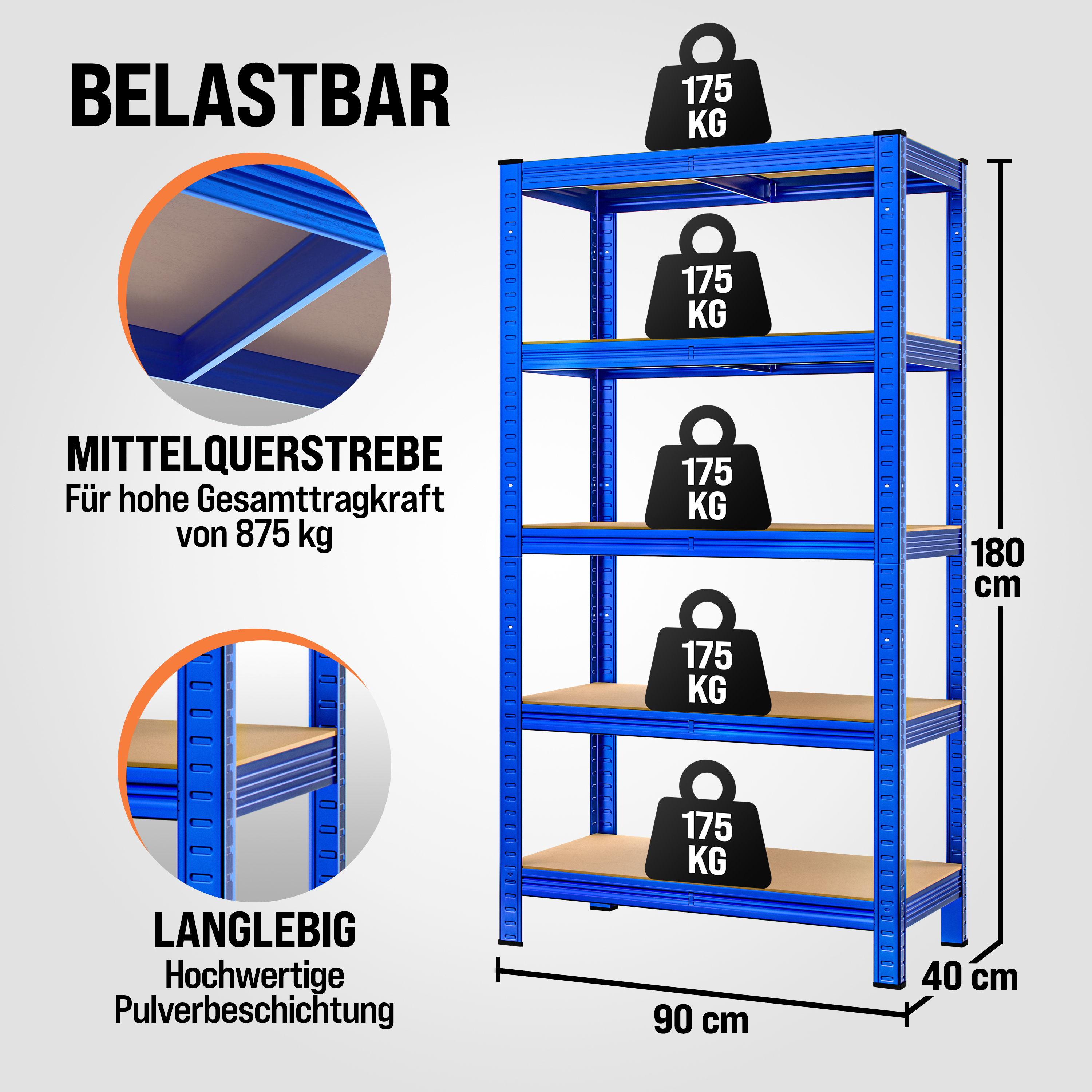 monzana Schwerlastregal Blau 180x90x40cm pulverbeschichtet Tragkraft 875kg – Bild 3