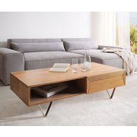 Couchtisch Kayu 115x60 cm Akazie Natur 2 Schübe V-Fuß Edelstahl