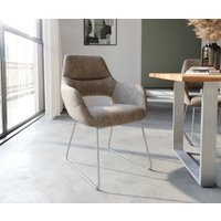 Esszimmerstuhl Yago-Flex mit Armlehnen Mikrofaser Taupe Vintage Kufengestell Edelstahl Taschenfederkern